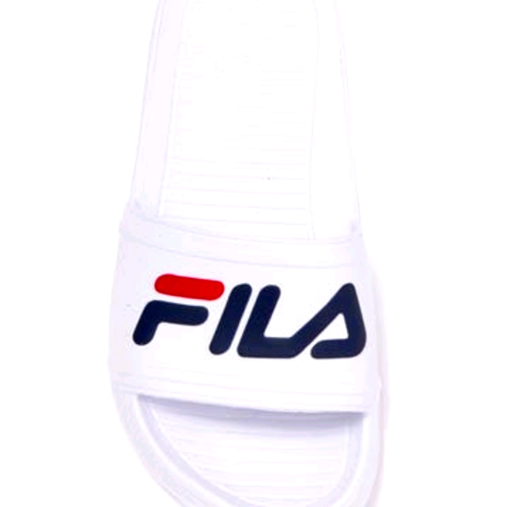 Fila White Slide Sandals with Navy and Red Logo